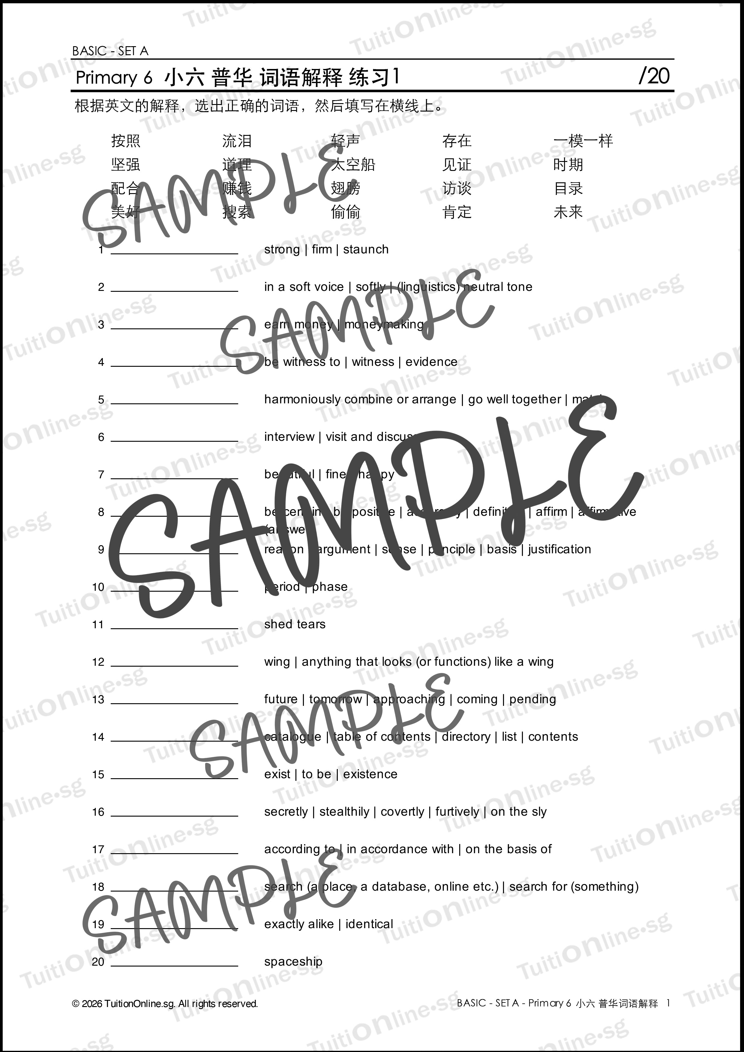 Pri 6 Chinese 词语解释 Word Meanings (Basic - Set A) - DIGITAL Copy