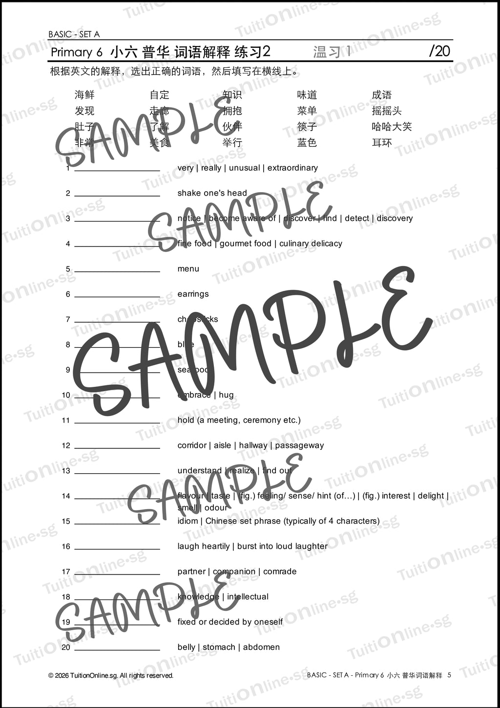 Pri 6 Chinese 词语解释 Word Meanings (Basic - Set A) with Practice - DIGITAL Copy